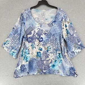 Brittany Blue Women's Blue Floral Paisley Patchwork 3/4 Sleeve Tunic Top
